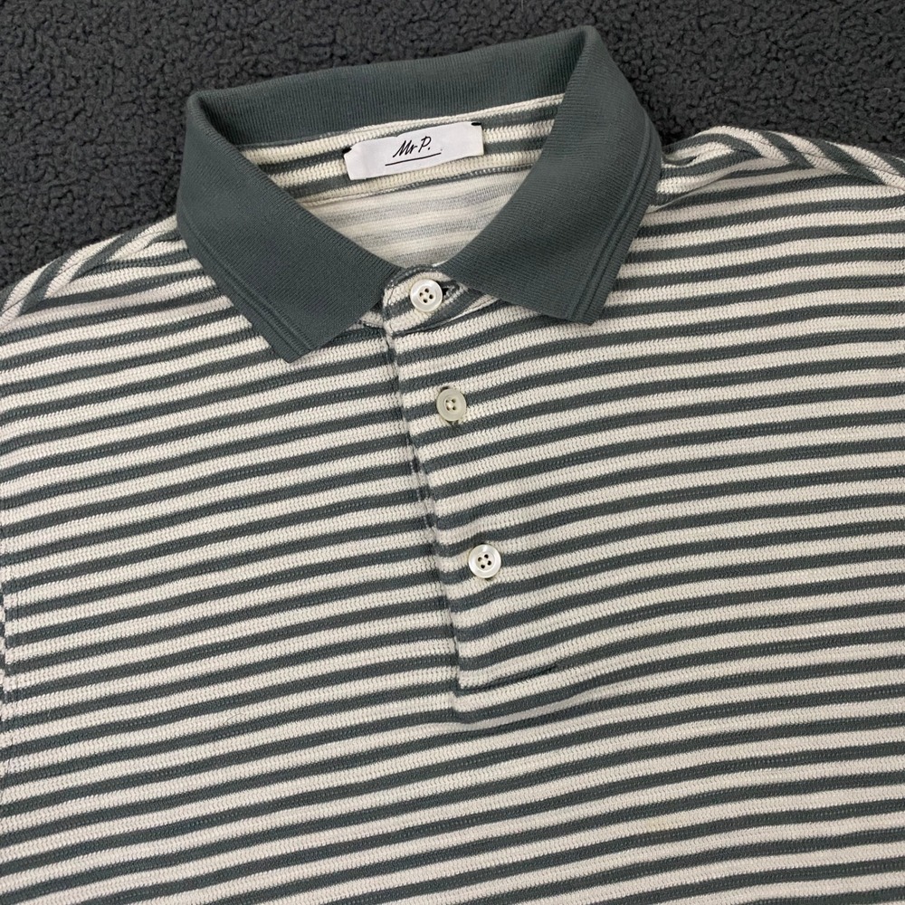 Mr P Porter Polo Shirt Men XS Green Cream Striped Knit Sweater Soft Short Sleeve